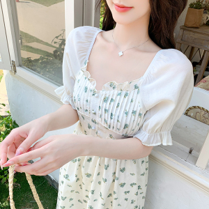 RM11235#夏季方领荷叶边系带显瘦一字领两穿裙子高品质提花印花连衣裙