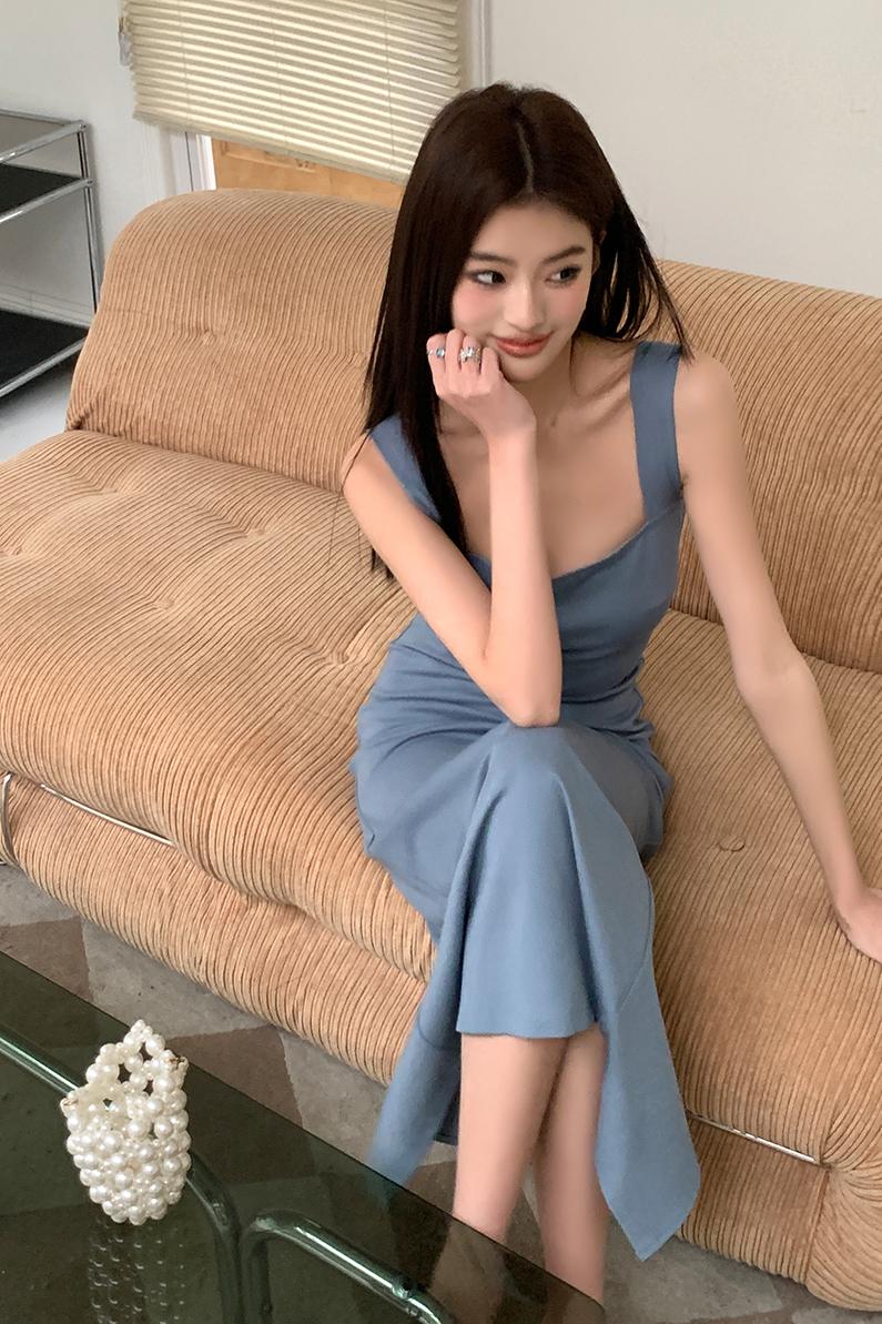 實拍2023春夏新款滿分廓形氣質法式收腰瘦長裙吊帶連衣裙女