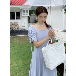 RM10757#夏季新款法式Chic方领公主袖绑带抽绳高腰纯色连衣裙