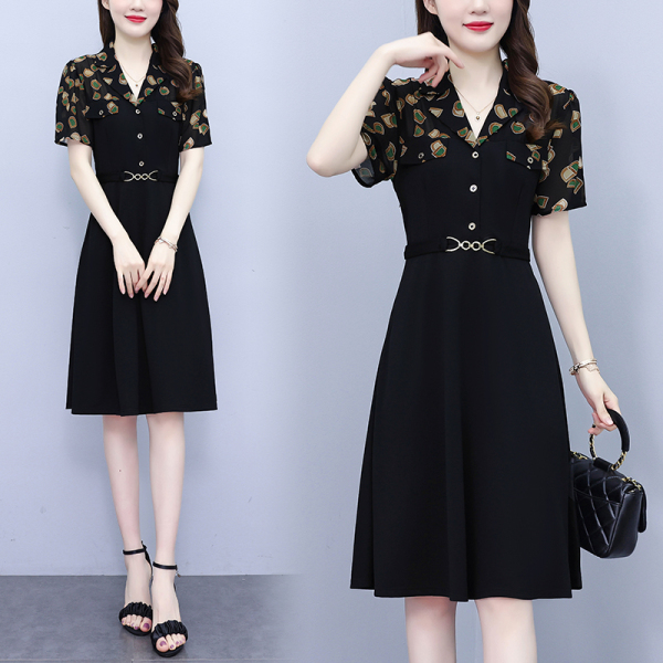 RM5786#夏季新款黑色短袖加肥加大夏季长裙收腰显瘦洋气连衣裙女