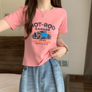 RM5288#卡通印花短袖T恤女2023年夏季新款洋气短款修身显瘦圆领纯棉上衣