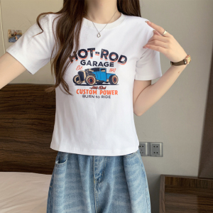 RM5288#卡通印花短袖T恤女2023年夏季新款洋气短款修身显瘦圆领纯棉上衣