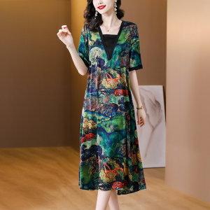 RM11602#新款油画风设计感假两件连衣裙时尚宽松遮肉气质桑蚕丝长裙子