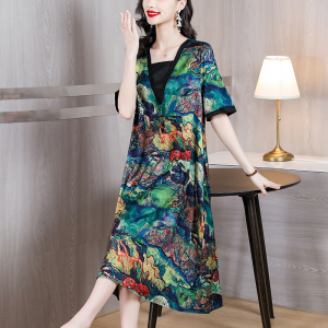 RM11602#新款油画风设计感假两件连衣裙时尚宽松遮肉气质桑蚕丝长裙子