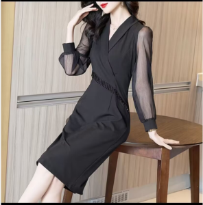 RM5696#长袖连衣裙气质裙子春装气质显瘦小黑裙