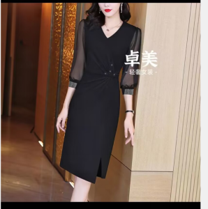 RM5698#七分袖连衣裙气质裙子春装气质显瘦小黑裙