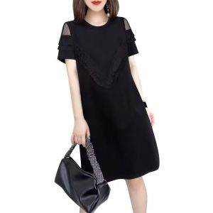RM12322#黑色圆领设计感镂空荷叶边宽松气质连衣裙女欧洲站2023年夏季新款
