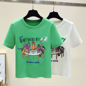 RM6603#女夏季小香风钉珠韩版百搭纯色印花针织短袖T恤女