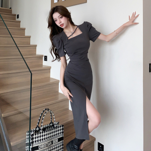French Vintage Hepburn Style Bubble Sleeves Wrap Up Waist for a Slim and Irregular Split Style Dress