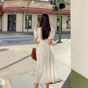 TR19002# 韩风夏季新款韩版收腰方领短袖连衣裙女中长裙