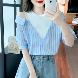 RM5394#夏季新款韩版套头假两件拼接短袖上衣条纹露肩洋气衬衫