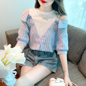 RM5394#夏季新款韩版套头假两件拼接短袖上衣条纹露肩洋气衬衫