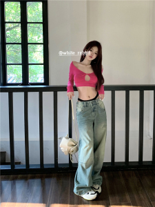 RM22017#复古蓝做旧阔腿牛仔裤高腰显瘦宽松老爹拖地裤
