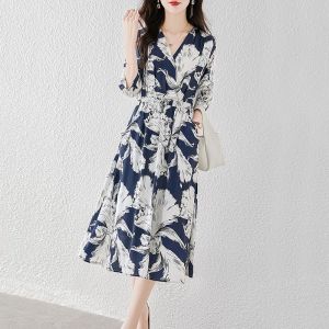 RM5670#新款女时尚显瘦V领优雅印花气质中长裙收腰简约连衣裙