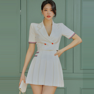 TR19704# 夏季新款两件套韩版修身西装领上衣拼接百褶小短裙套装 服装批发女装服饰货源