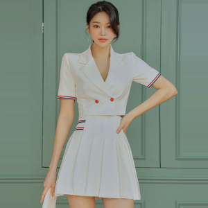 TR19704# 夏季新款两件套韩版修身西装领上衣拼接百褶小短裙套装 服装批发女装服饰货源