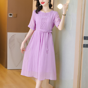 RM8600#夏季新款紫色苎麻圆领复古文艺气质收腰显瘦高端棉麻飘逸裙子