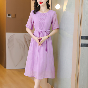 RM8600#夏季新款紫色苎麻圆领复古文艺气质收腰显瘦高端棉麻飘逸裙子