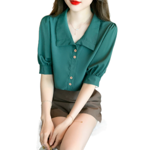 TR30535# 温柔高级感法式小众设计感独特别致短袖绿色衬衫小上衣女夏款