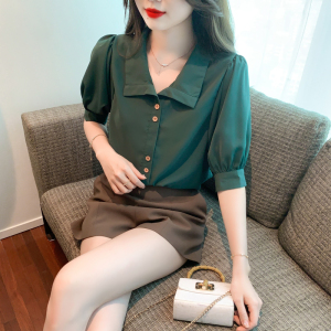 TR30535# 温柔高级感法式小众设计感独特别致短袖绿色衬衫小上衣女夏款