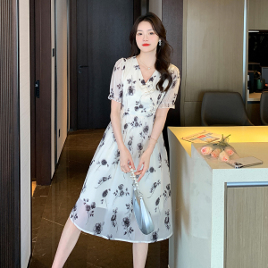 RM6866#新中式V领水墨画连衣裙