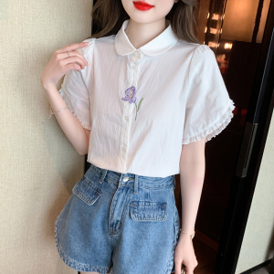 RM5100#法式文艺白色衬衫雪纺衫女士泡泡袖纯色短袖衬衣上衣