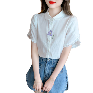 RM5100#法式文艺白色衬衫雪纺衫女士泡泡袖纯色短袖衬衣上衣