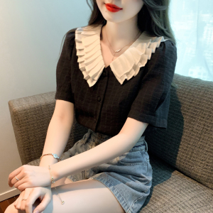RM5091#韩版雪纺衫衬衫女生娃娃领洋气减龄短袖上衣
