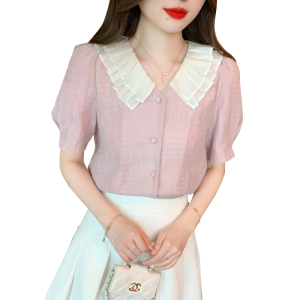 RM5091#韩版雪纺衫衬衫女生娃娃领洋气减龄短袖上衣