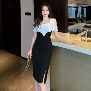 RM5561#夏季新款方领蝴蝶结黑白拼接名媛气质收腰显瘦包臀连衣裙
