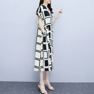RM5479#大码女装2023夏季新款韩版胖妹妹时尚气质格子印花宽松连衣裙