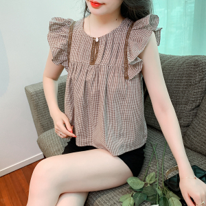 RM20684#法式格子小飞袖女春夏新款设计感小众衬衣宽松短款上衣