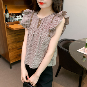 RM20684#法式格子小飞袖女春夏新款设计感小众衬衣宽松短款上衣