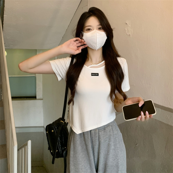 RM5397#大码女装胖MM不规则设计感短袖T恤女辣妹风纯欲白色上衣