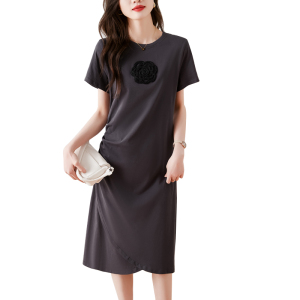 RY1463#夏季新款不规则褶皱收腰中长款山茶花高级感显瘦连衣裙