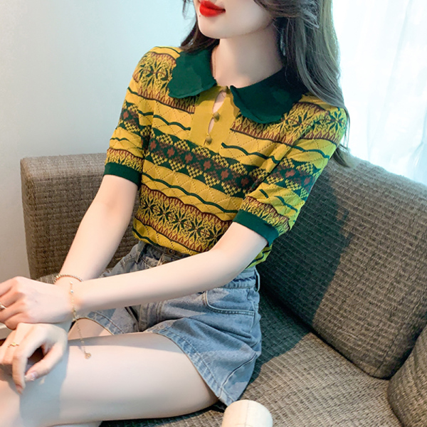RM5491#夏季拼色条纹针织冰丝短袖t恤女夏款设计高级感上衣