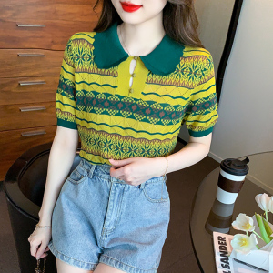 RM5491#夏季拼色条纹针织冰丝短袖t恤女夏款设计高级感上衣