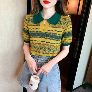 RM5491#夏季拼色条纹针织冰丝短袖t恤女夏款设计高级感上衣