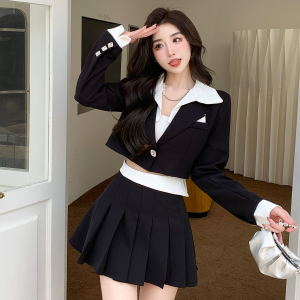 TR51685# 设计黑白西服套装假两件短款上衣辣妹风短裙女 服装批发女装批发服饰货源