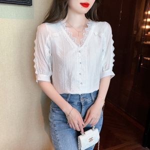 RM5493#雪纺衬衫短袖女装夏装2023年新款潮遮肚子白色蕾丝上衣夏