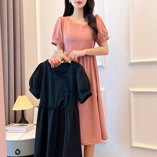 RM6116#夏季新款大码女装气质西服面料拼接花边显瘦设计感连衣裙
