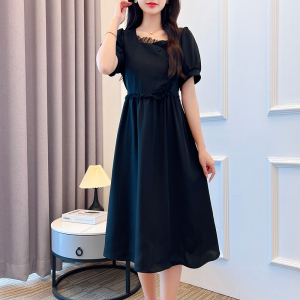 RM6116#夏季新款大码女装气质西服面料拼接花边显瘦设计感连衣裙