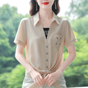 RM6978#夏季新款假两件拼接短袖衬衫女小众设计不规则绑带上衣