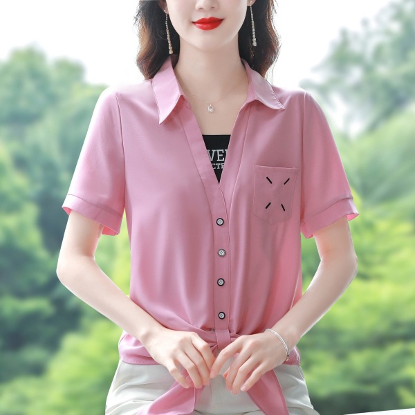 RM6978#夏季新款假两件拼接短袖衬衫女小众设计不规则绑带上衣