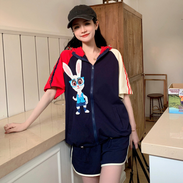 RM5616#大码女装2023夏季新款设计感撞色刺绣兔子开衫外套短裤两件套