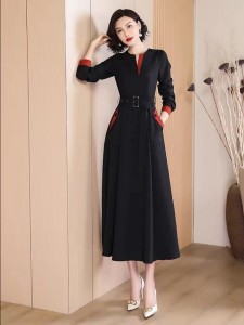 RM5654#黑色气质拼接连衣裙2023春季新款显瘦减龄高级感显瘦大摆中长裙子