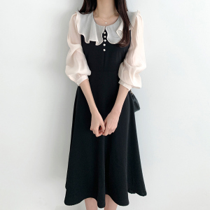 RM5616#韩版INS法式优雅撞色翻领珍珠纽扣拼接微透泡泡袖连衣裙长裙