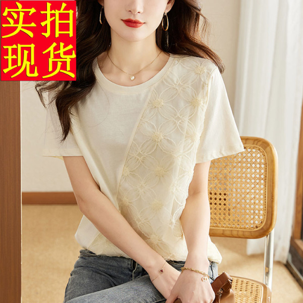 RM6987#短袖t恤女夏季2023新款洋气韩版宽松圆领体恤蕾丝拼接设计感...