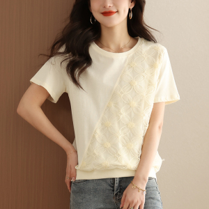 RM6987#短袖t恤女夏季2023新款洋气韩版宽松圆领体恤蕾丝拼接设计感上衣