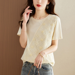 RM6987#短袖t恤女夏季2023新款洋气韩版宽松圆领体恤蕾丝拼接设计感上衣